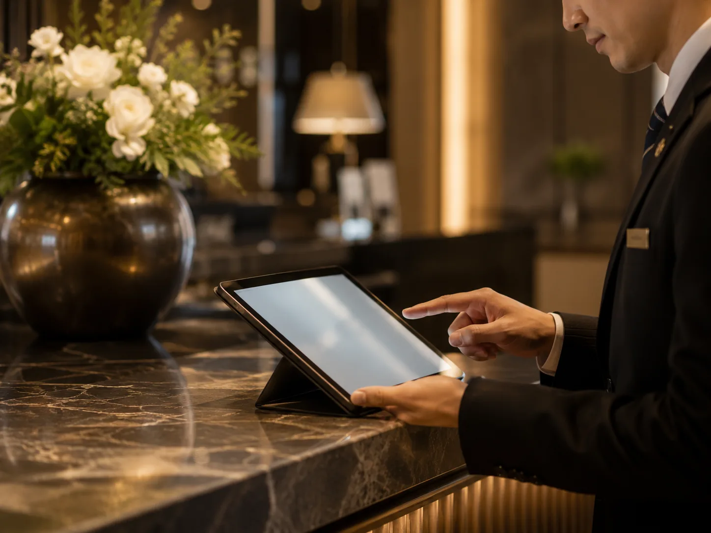 マンションのコンシェルジュが宅配管理システムをタブレットで操作している様子